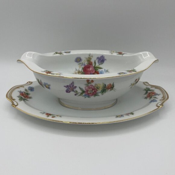 Aladdin Fine China Dresdenia Floral Gravy Boat with Attached Under Plate